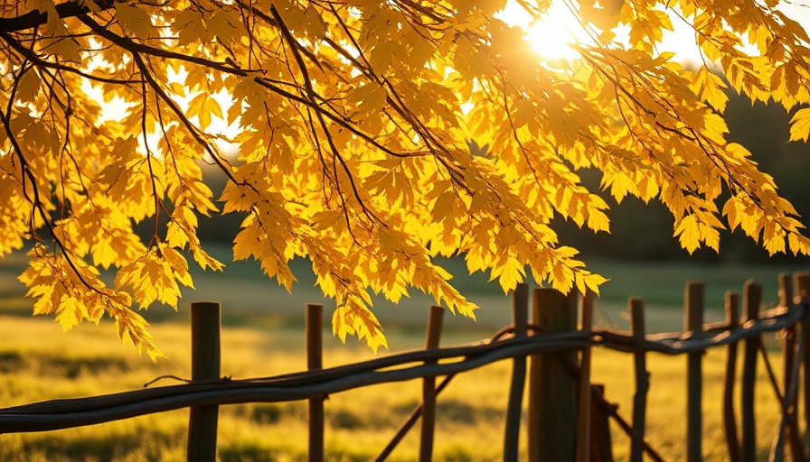 Sunlit autumn scene in Lexington, KY with yellow leaves and fence.