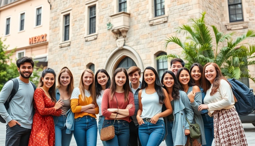 Lakeland students return from Israel group photo in urban setting.