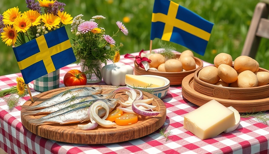 Traditional Midsummer feast setup during Midsummer in Sweden.