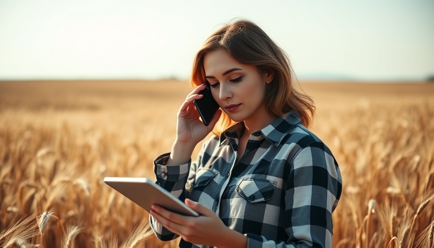 Woman using technology in rural wheat field during golden hour.