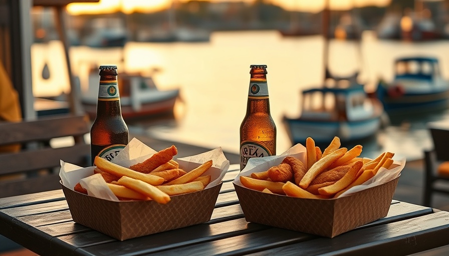Outdoor dining with fish and chips by Cornwall harbor, best fish and chips in Cornwall.