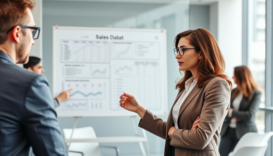 Sales Role Playing: Woman presenting sales data to colleagues in meeting.