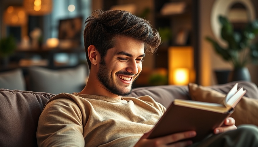 Young man reading a leadership book in a cozy living room.
