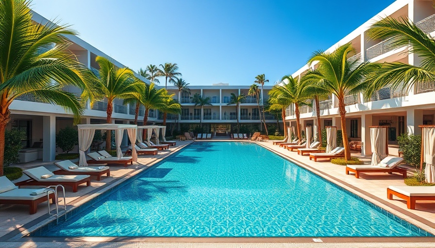 Luxurious hotel pool with palms and cabanas, ideal summer getaway.