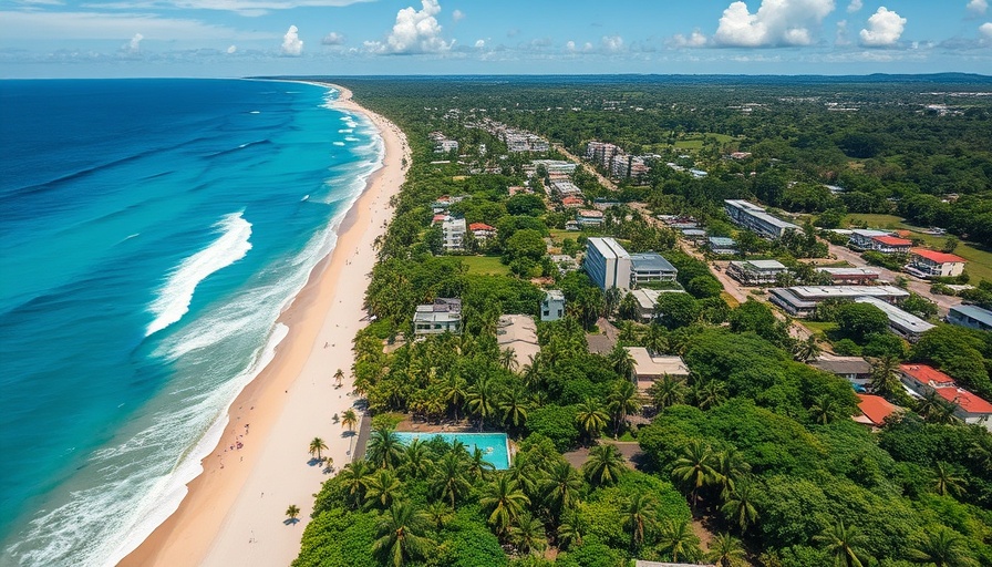 Aerial view of Puerto Rico's coastal town, vibrant and lush.