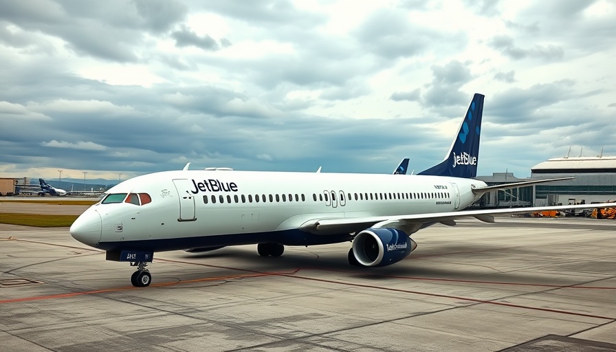 JetBlue airplane at gate reflecting route changes at airport.