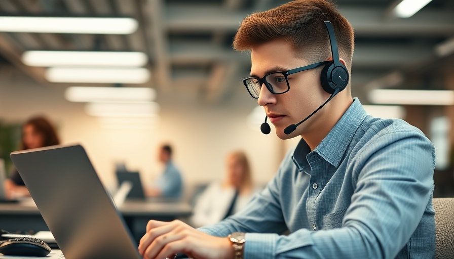 Man in an office wearing a headset, working on a laptop as a virtual assistant.