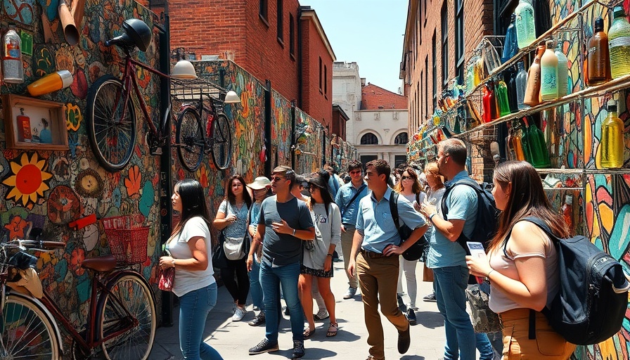 Tourists exploring vibrant detour destination street art gallery.
