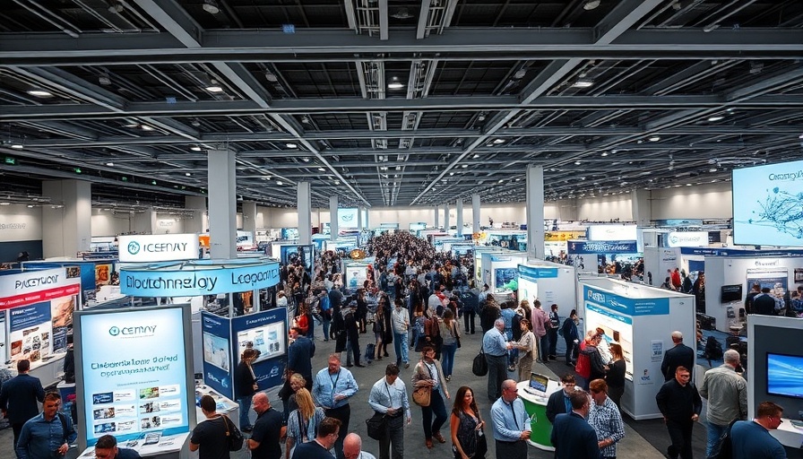 Biotechnology conference with bustling attendees and exhibits.