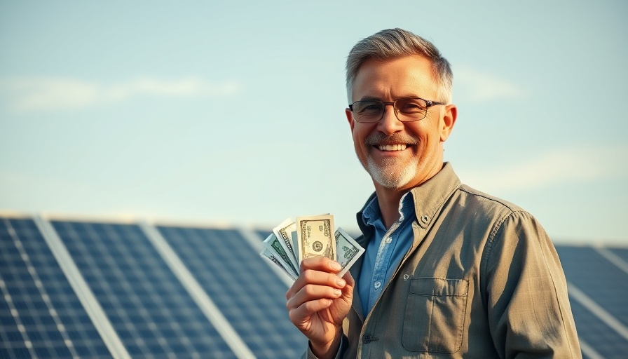 Confident entrepreneur holding cash by solar panels, showing alternative lending solutions.