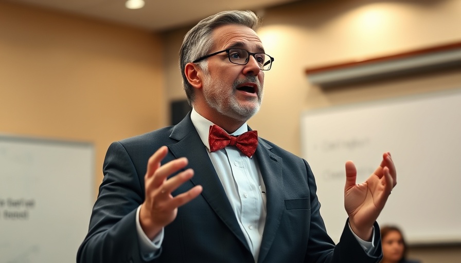 Middle-aged man discussing real estate commission settlements in a lecture.