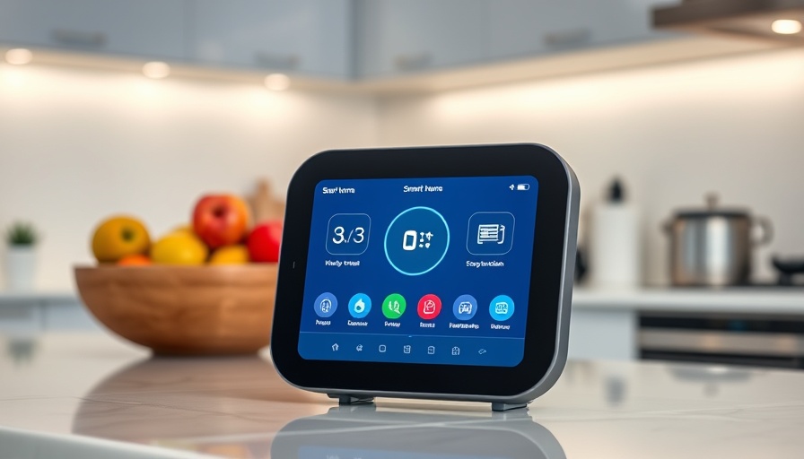 Apple Smart Home Hub displaying interface on kitchen counter.