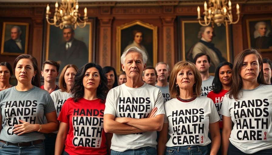 Protesters wearing 'Hands Off Health Care' shirts at a congressional meeting.