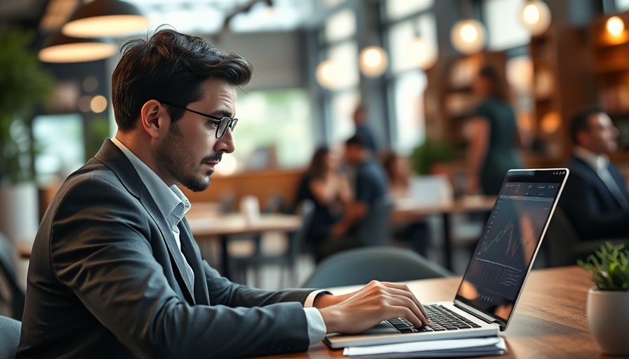 Business person analyzing financial data on laptop in a cafe setting for four conversations framework.
