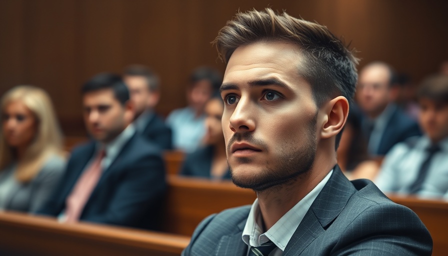 Serious young man in court for trial, courtroom setting.