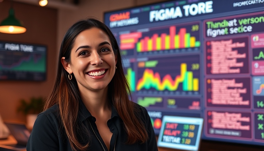 Smiling woman presenting Figma's community-driven design tool in a vibrant workspace.