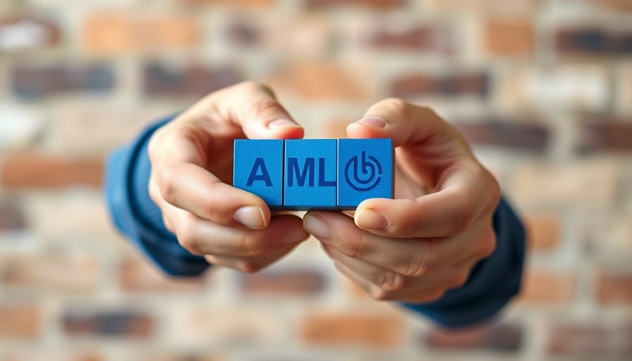 Hands holding blue AML blocks, emphasizing compliance.