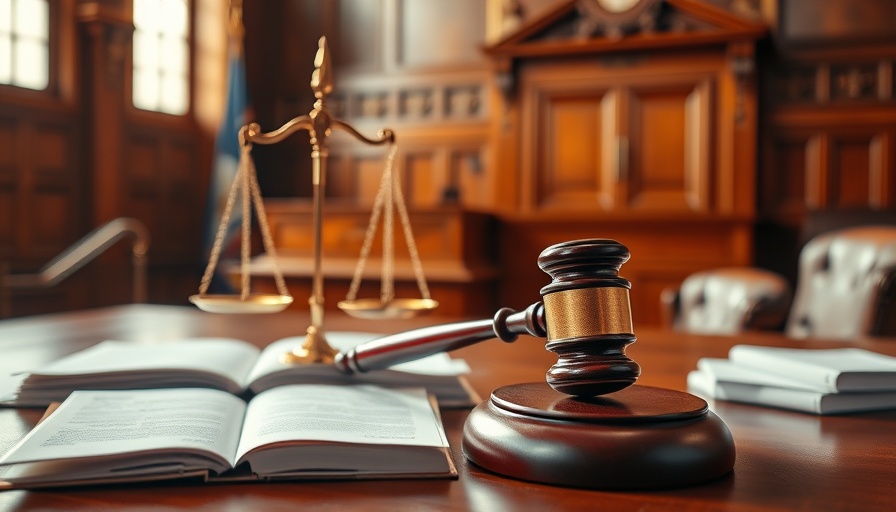 California defamation lawsuit courtroom scene with gavel and scales.