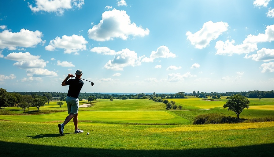 Golfer swinging at Topgolf New Braunfels with scenic range view.
