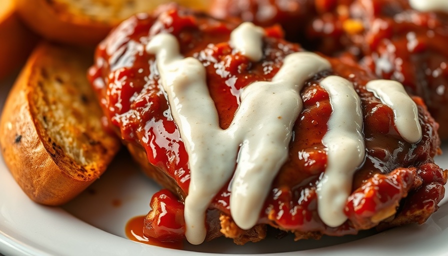 Alabama barbecue chicken with white sauce and toasted bread.