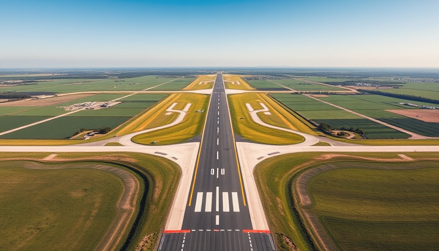 Deserted airport runway with surrounding green fields and clear sky.
