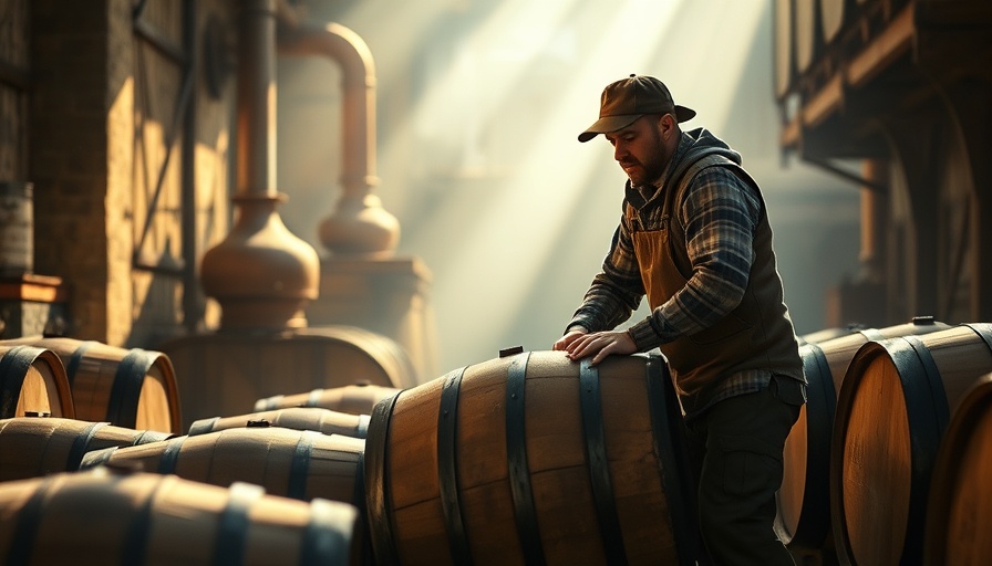 Scottish distillery worker rolling barrels in sunlight.