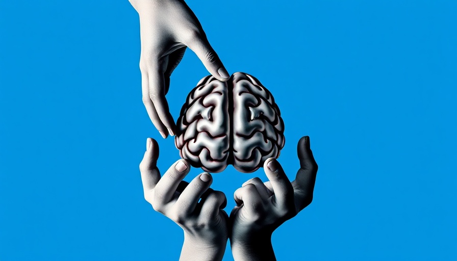 Surreal hands holding brain on vibrant blue background, AI tools for better habit formation.