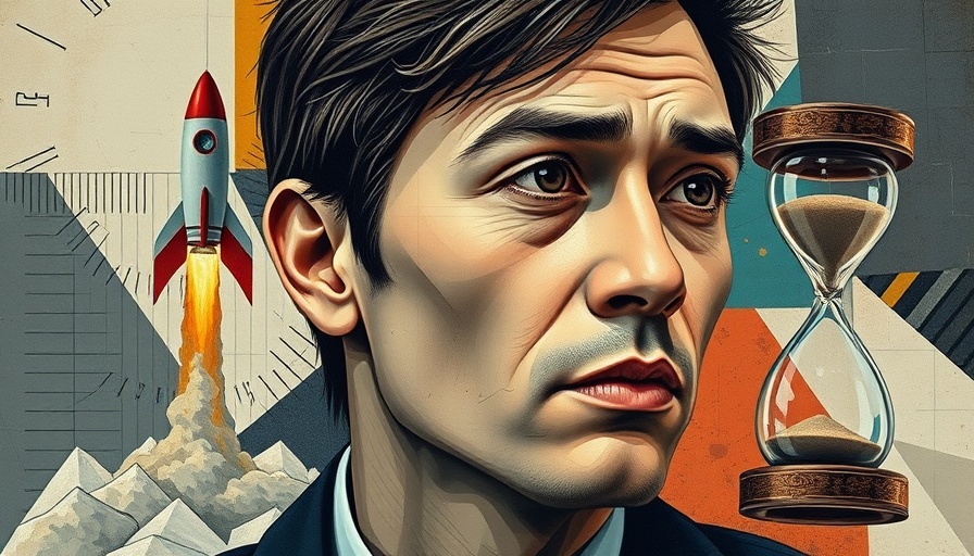 Collage art with a thoughtful portrait and fintech elements.