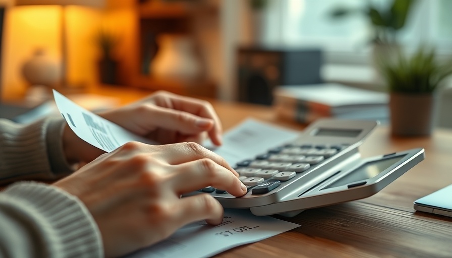 Person using calculator, handling receipts for BNPL data analysis.