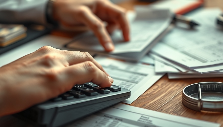 Analyzing business finances with calculator and receipts, FICO Small Business Credit.