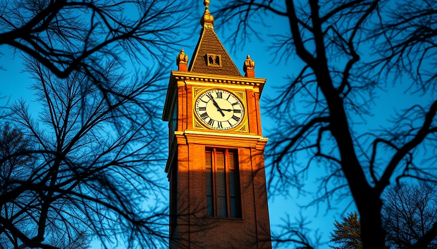 UT Austin's iconic clock tower at sunset with tree silhouettes.