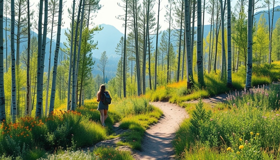 Woman hiking through aspen trees and wildflowers in Vail's summer.