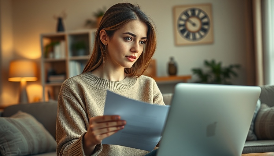Thoughtful woman with house paperwork pondering in cozy living room.