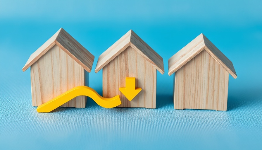 Market decline symbol with wooden houses and downward arrow, serious sellers needed as house price growth dips.
