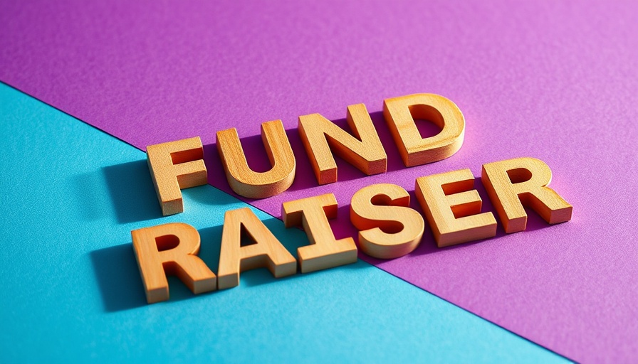 Wooden 'FUND RAISER' letters on blue and purple paper.