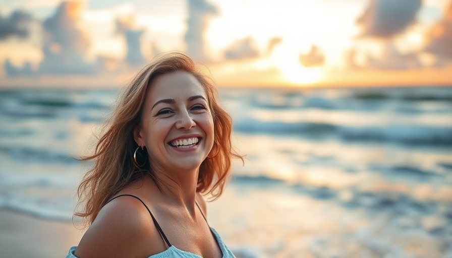 Smiling woman at the beach embracing longevity health tips.