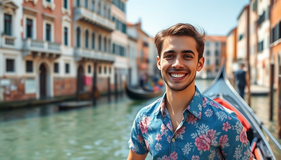 Smiling man in floral shirt in Venice with gondola in background.