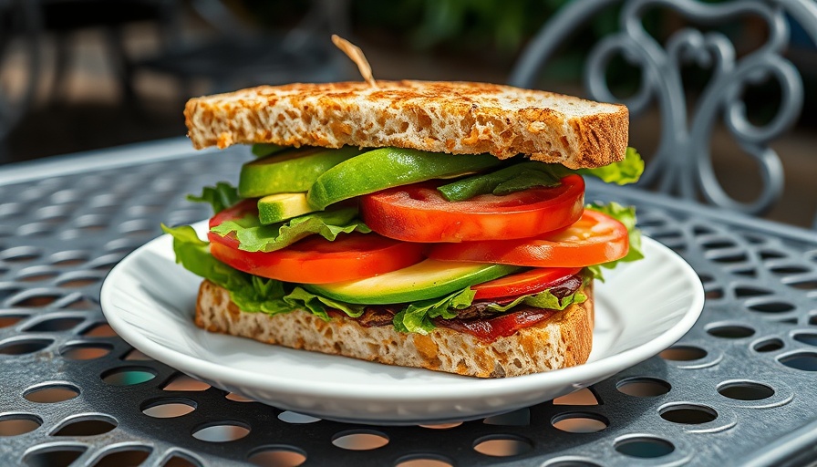 Quick and easy lunch BLT sandwich with avocado on a cafe table in Fletcher, NC.