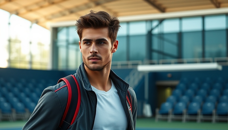 Latest tennis fashion trends displayed by a stylish male player.