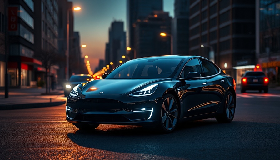 Tesla vehicle parked in dim cityscape at dusk, highlighting design.