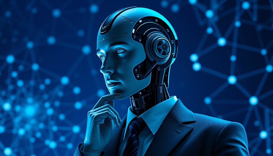 Futuristic businessman and AI in thought surrounded by digital energy.
