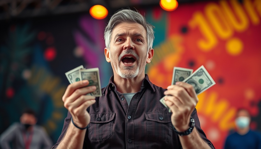 Erebor Bank and Startup Financing: Man holding money on stage, vibrant setting.