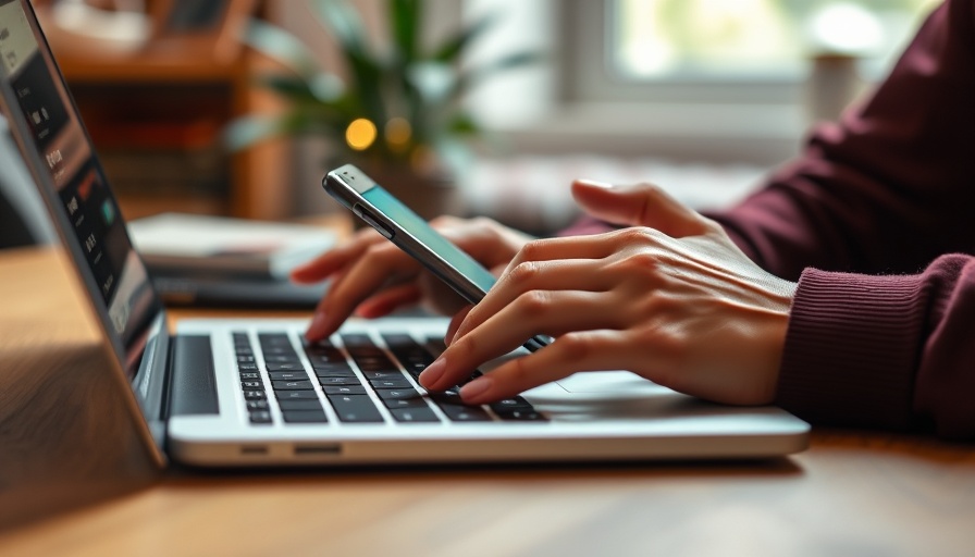 Hands using laptop and smartphone for AI in digital marketing.