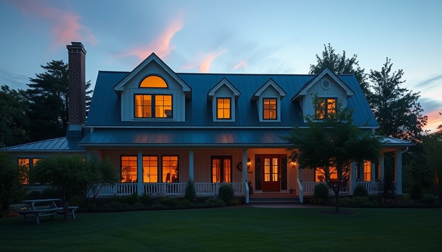 Beautiful farmhouse at twilight, illustrating real estate theme.