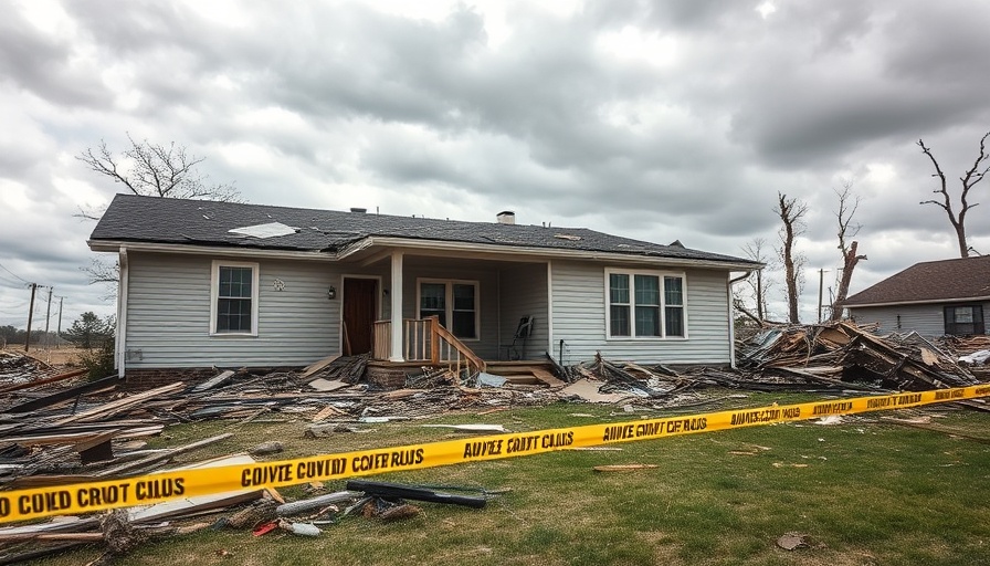 Largo tornado recovery scene with damaged house and debris.