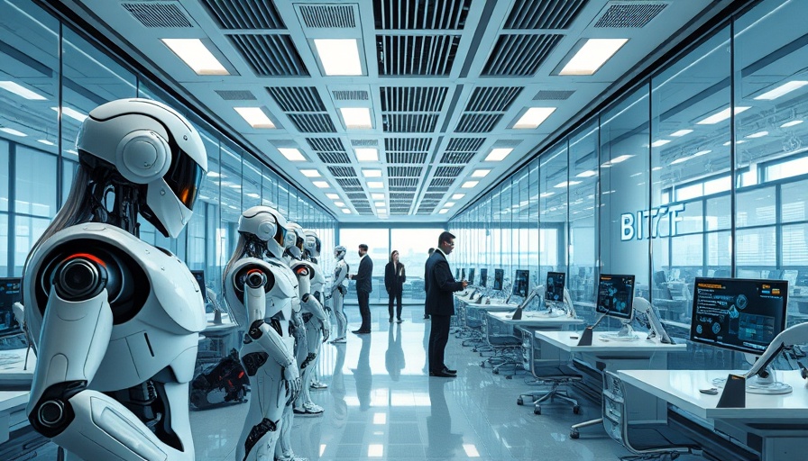 Futuristic office depicting AI job displacement, robots working.