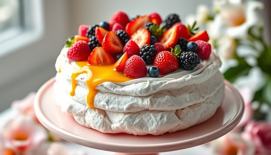 Colorful pavlova with berries and passion fruit sauce, depicting pavlova origins.