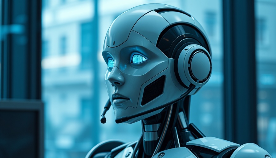 Futuristic robot with headset in office, ChatGPT for business.