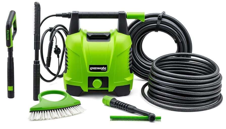 Greenworks Electric Pressure Washer Combo Kit with accessories on white background.