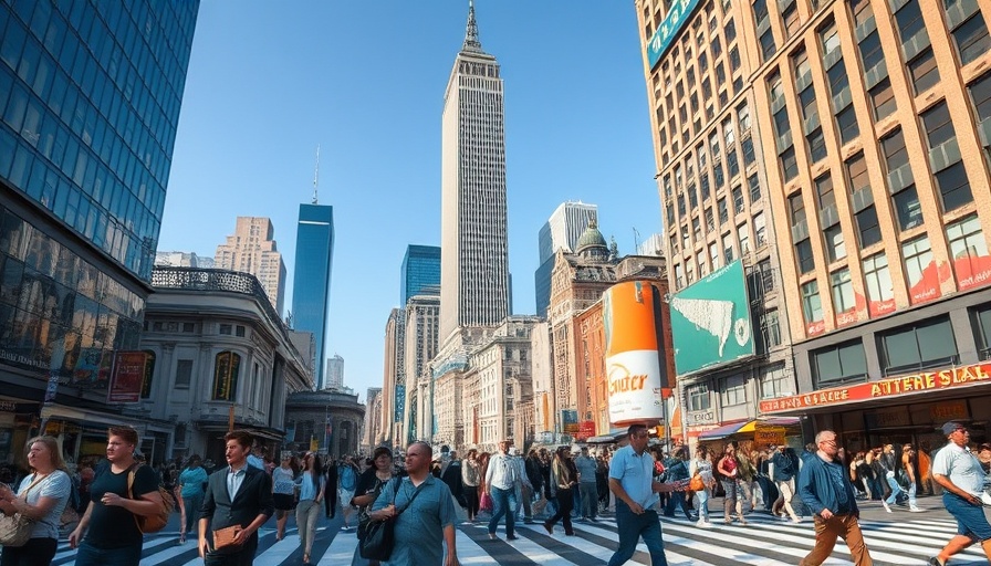 Bustling city street ideal for living car-free with pedestrians.